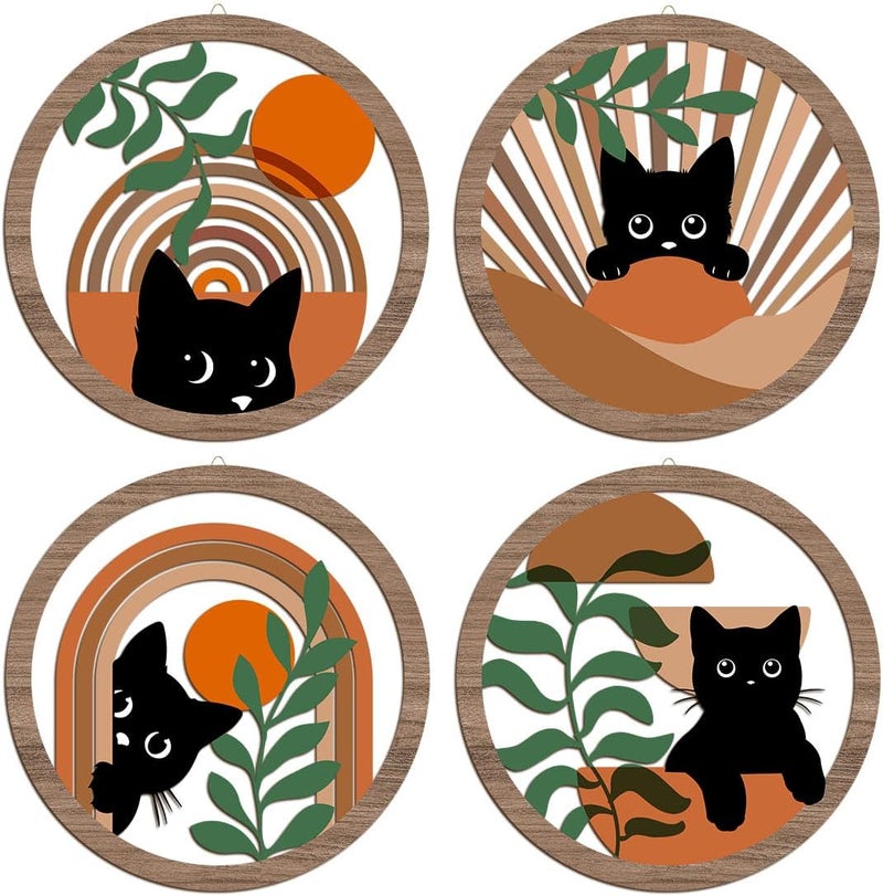 XFN 4PCs 3D Boho Cat Hanging Wooden Wall Art Wall Decor, Botanical Wall Decor Bohemian Decor, Cat Lover Gifts, Wooden Sign Wood Art Wood Plaque Home Decor for Living Room Bedroom Farmhouse Office - Image 1
